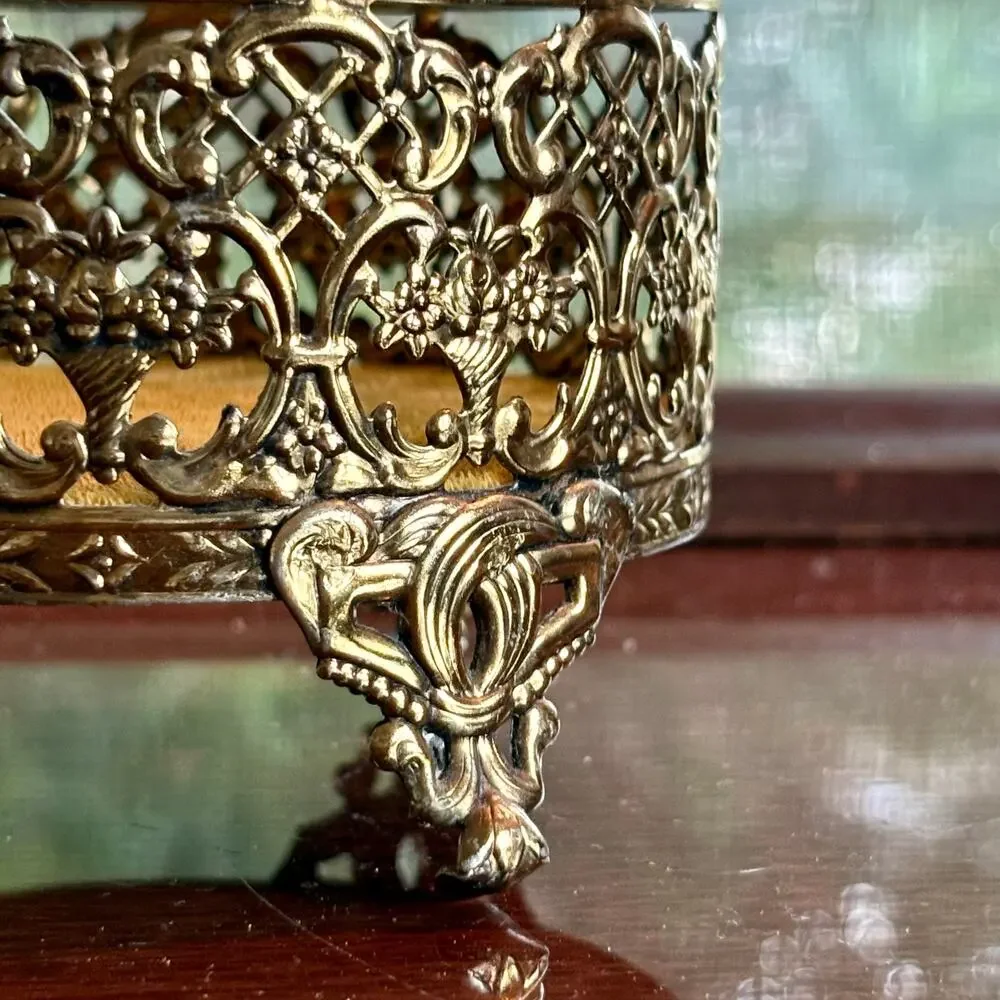 Vintage Gold Filigree Jewelry Casket Footed Trinket Box with Glass Lid